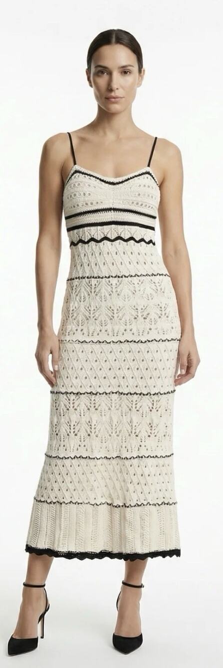 Commense Black Cream Knit Crochet Dress Midi Women's Size Medium Boho NEW